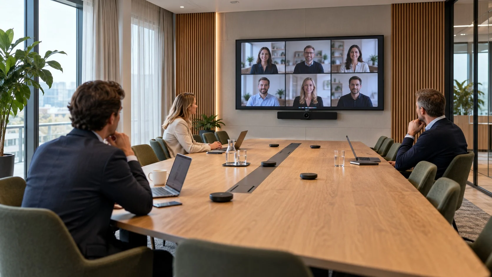 Grote vergaderruimte met een lange tafel Hybride vergadering aan een lange tafel met tafelmicrofoons en een videobar onder het scherm.