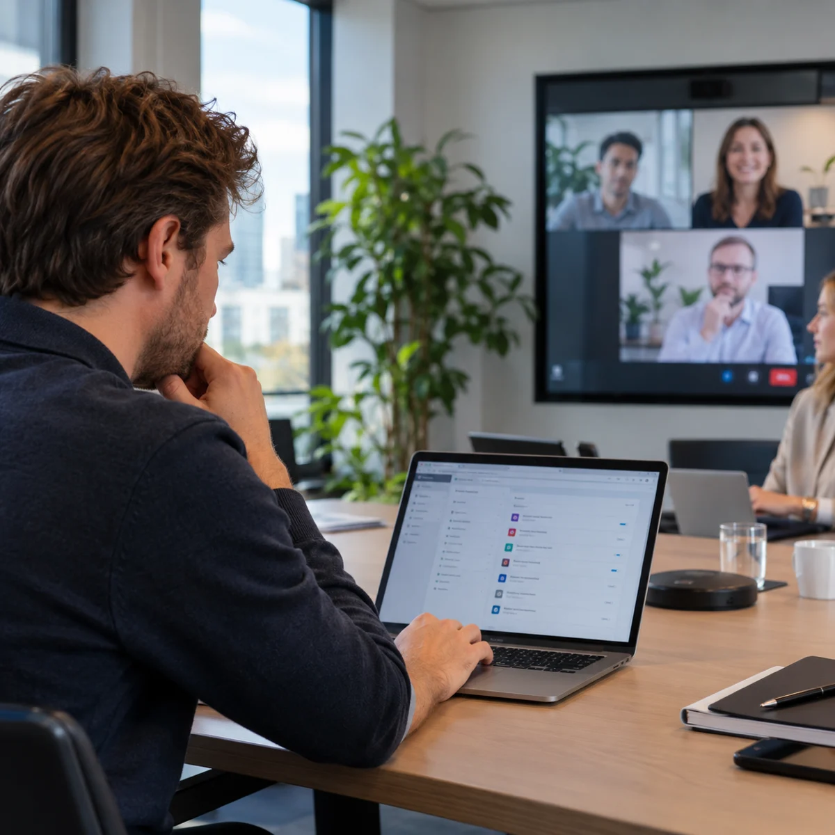 Welke licenties heb je nodig voor AI-notulen in Teams? IT-medewerker controleert softwarelicenties op een laptop in een vergaderruimte.