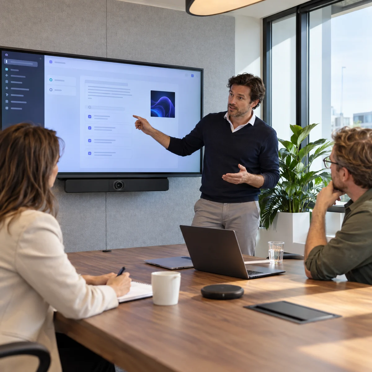 Hoe leren medewerkers werken met AI in de vergaderruimte? AV-trainer geeft twee medewerkers uitleg over AI in de vergaderruimte.