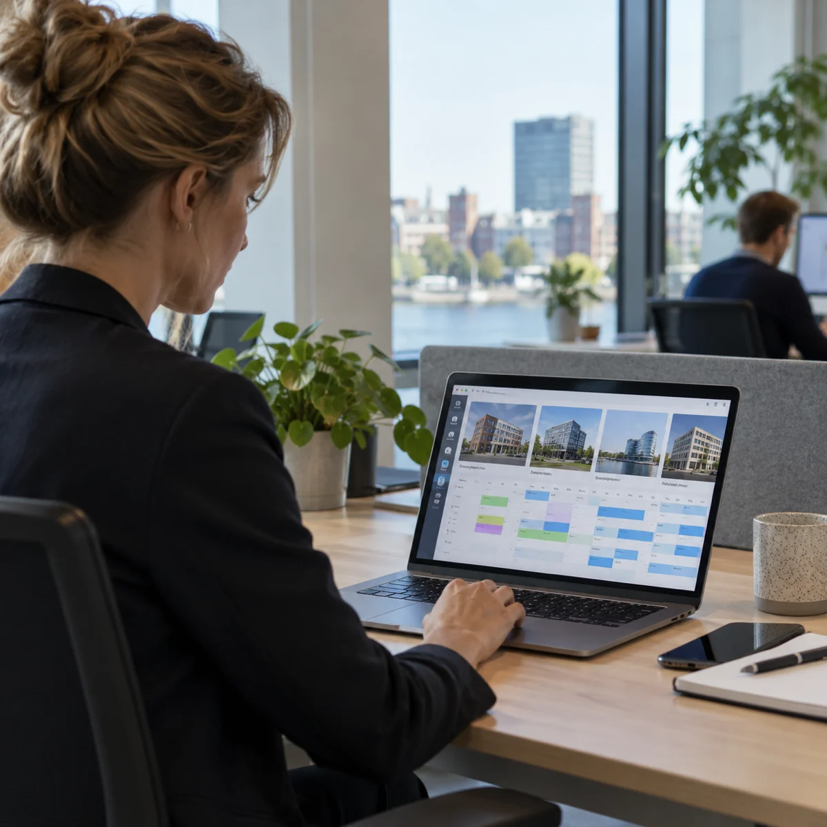 Facilitair beheerder bekijkt reserveringen voor meerdere kantoorlocaties op een laptop.