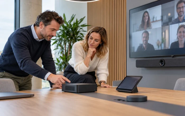 Twee professionals beoordelen een vergadersysteem met mini-pc, bedieningspaneel en videobar.