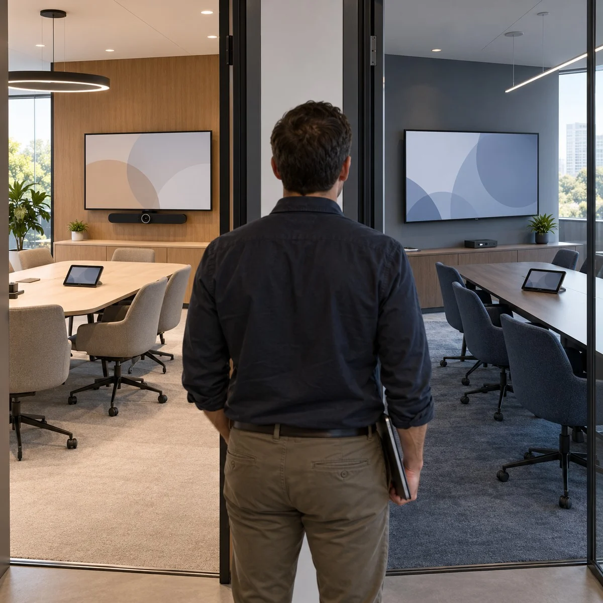 Teams Rooms Windows en Android combineren IT-medewerker bekijkt twee vergaderruimtes met verschillende vaste vergadersystemen.
