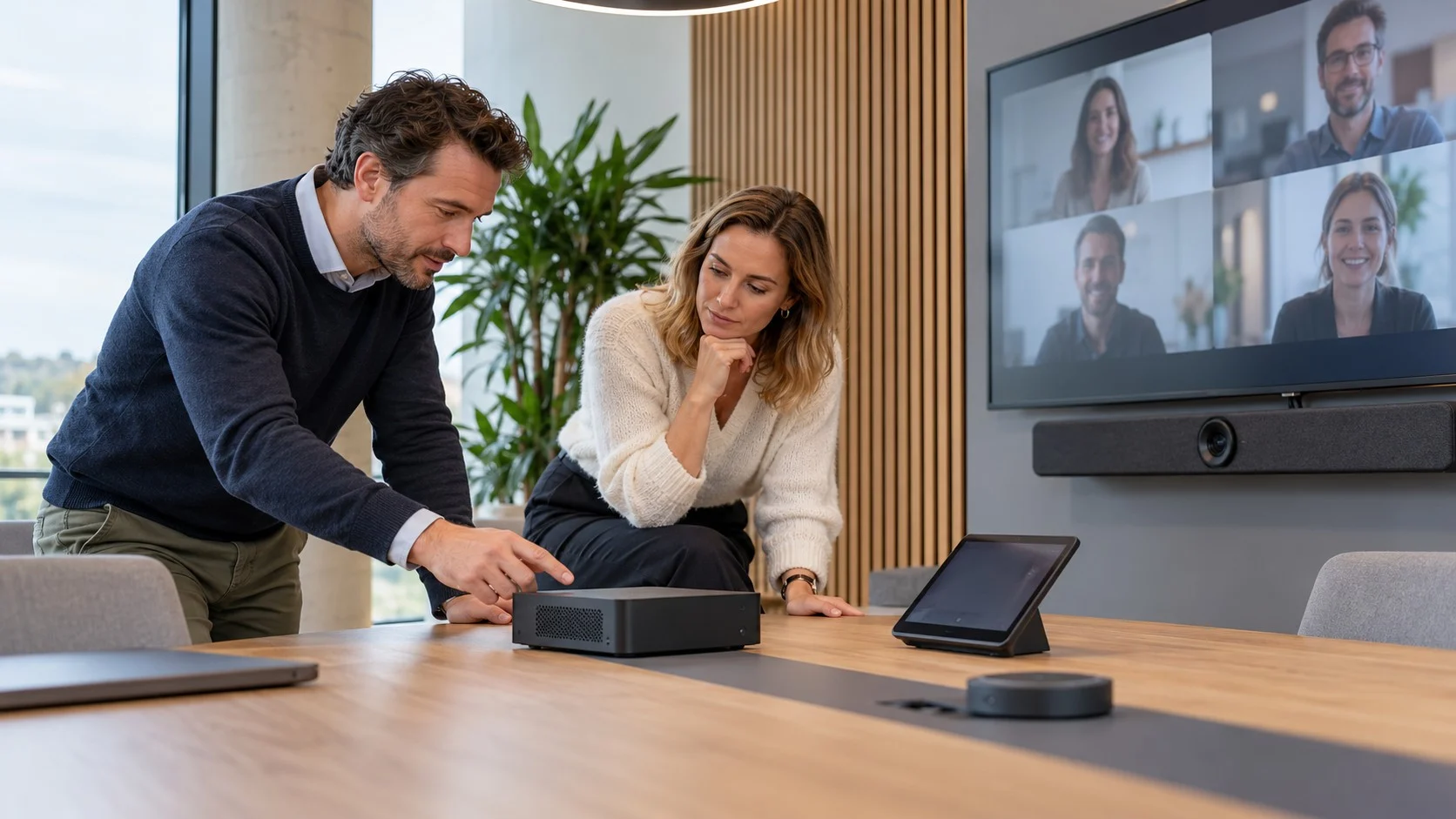 Twee professionals beoordelen een vergadersysteem met mini-pc, bedieningspaneel en videobar.