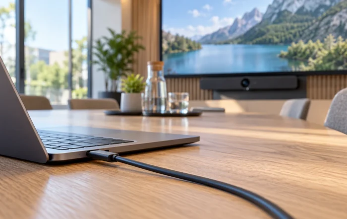 Laptop met een USB-C-kabel op een vergadertafel met een scherm op de achtergrond.