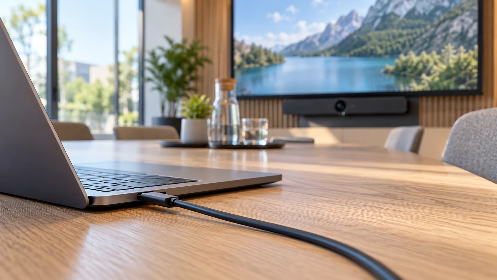 USB-C in de vergaderruimte Laptop met een USB-C-kabel op een vergadertafel met een scherm op de achtergrond.